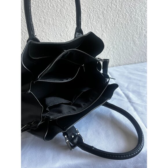 Women Black Faux Leather Satchel Bag With Double Top Handle Zipper Handbag - Picture 5 of 9